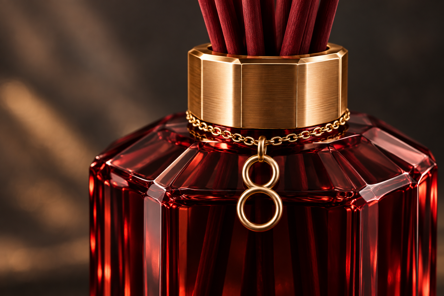 A close view of the detachable gold-toned eight charm on the faceted glass bottle